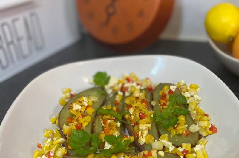 sweet potatoes, corn and feta recipe
