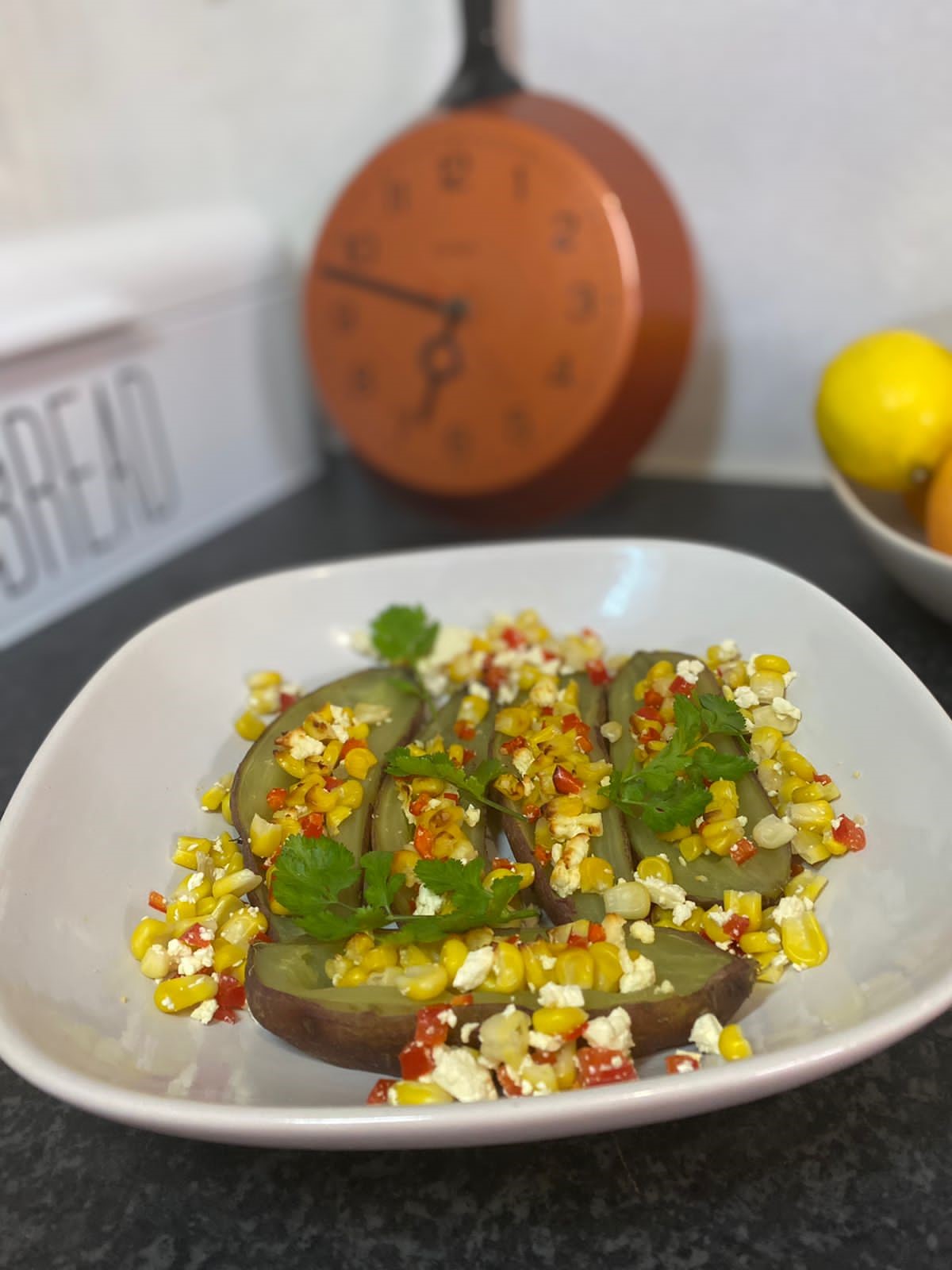 sweet potatoes, corn and feta recipe